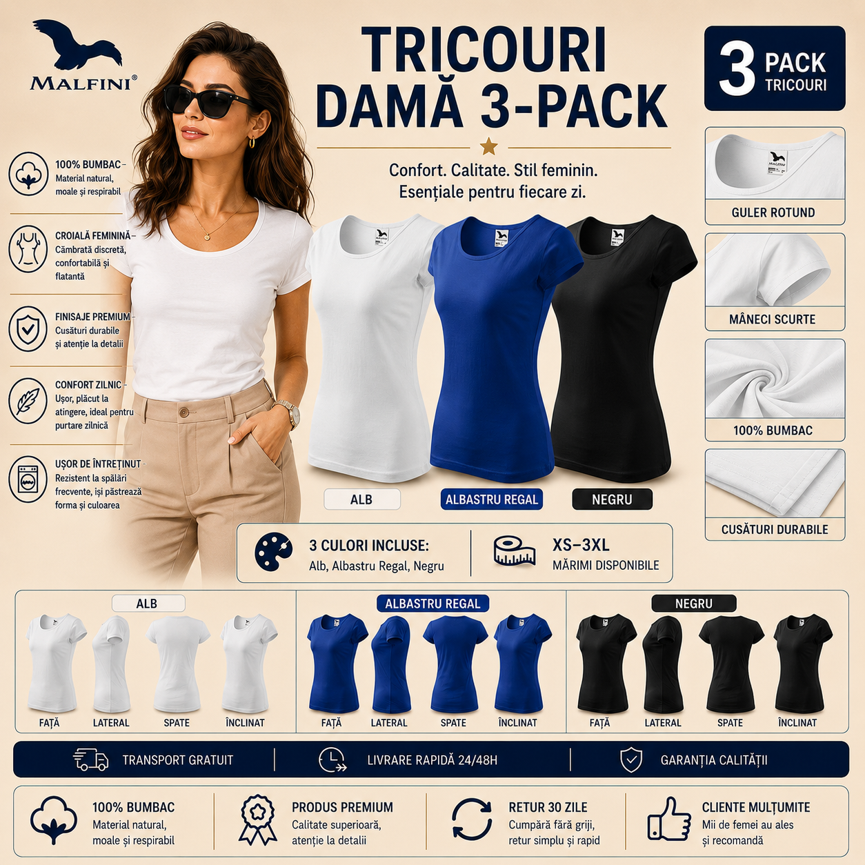 Set 3 tricouri damă 100% bumbac elegant casual cu decolteu alb negru albastru regal model 122 transport gratuit